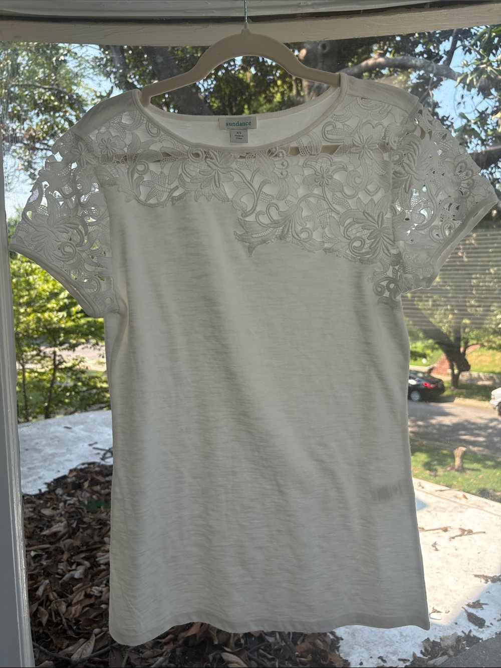 Sundance White Short Sleeve Top with Floral Lace Yoke